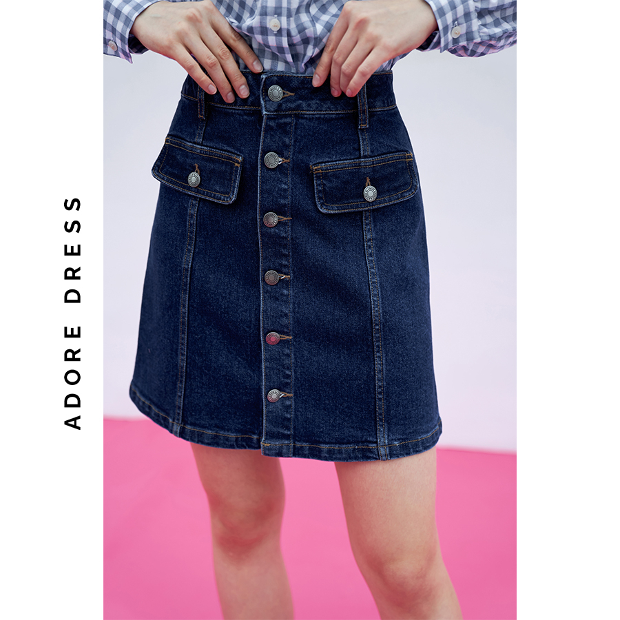 Chân váy mini skirts denim xanh chàm khuy thân trước 313SK1003 ADORE DRESS