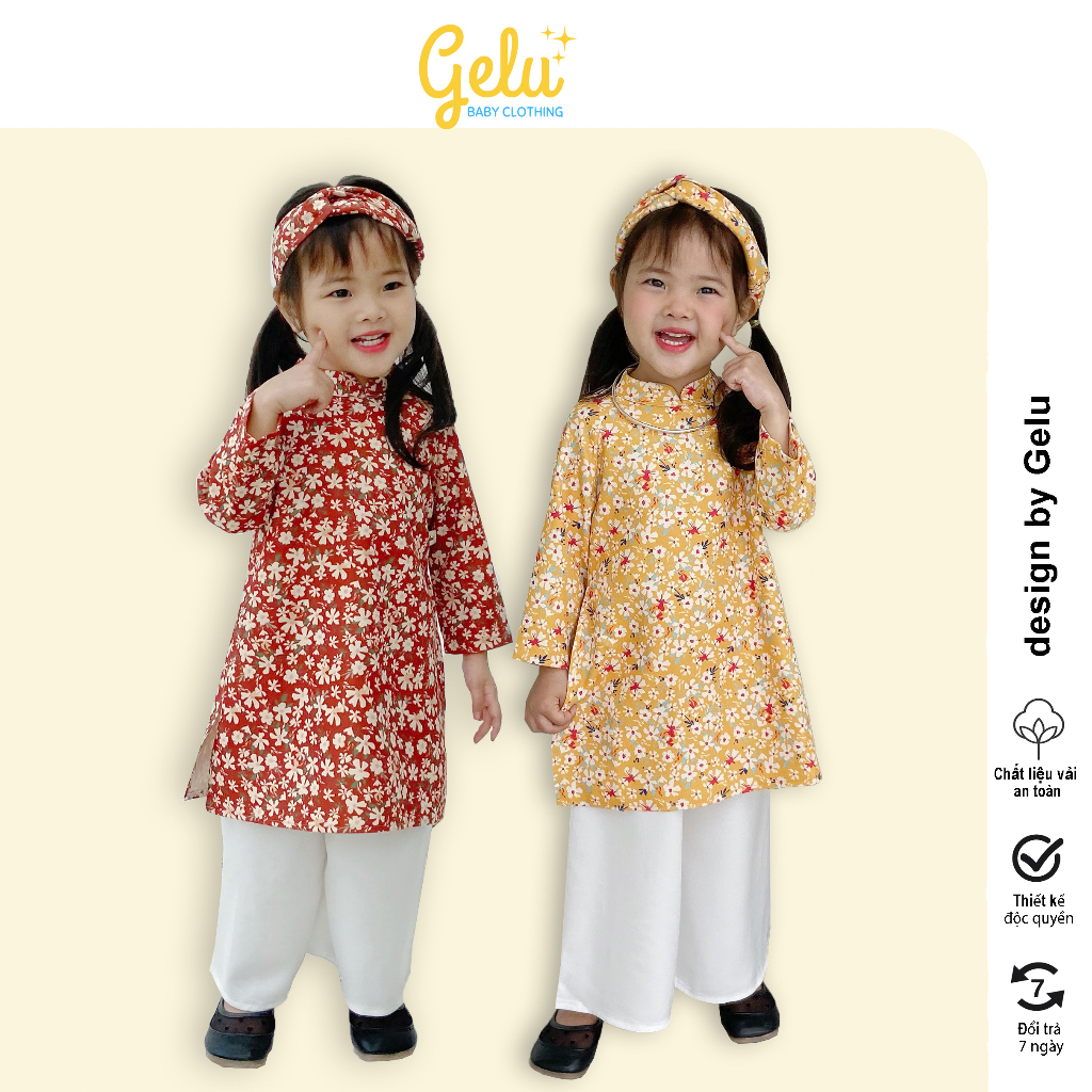 Áo dài hoa nhí cho bé yêu, áo dài tết cho bé - Gelukids-GLB020 (sản phẩm bao gồm cả áo và quần bé gái)-GLB020