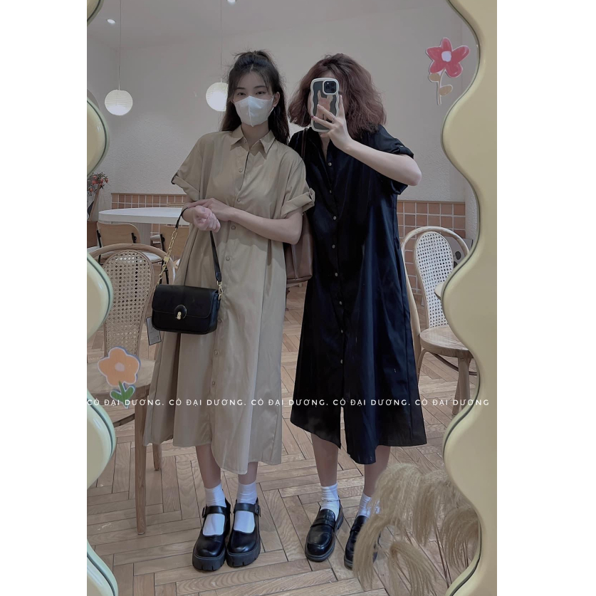 Váy maxi kaki dáng dài tay lật siêu xinh, đầm sơ mi kaki freesize