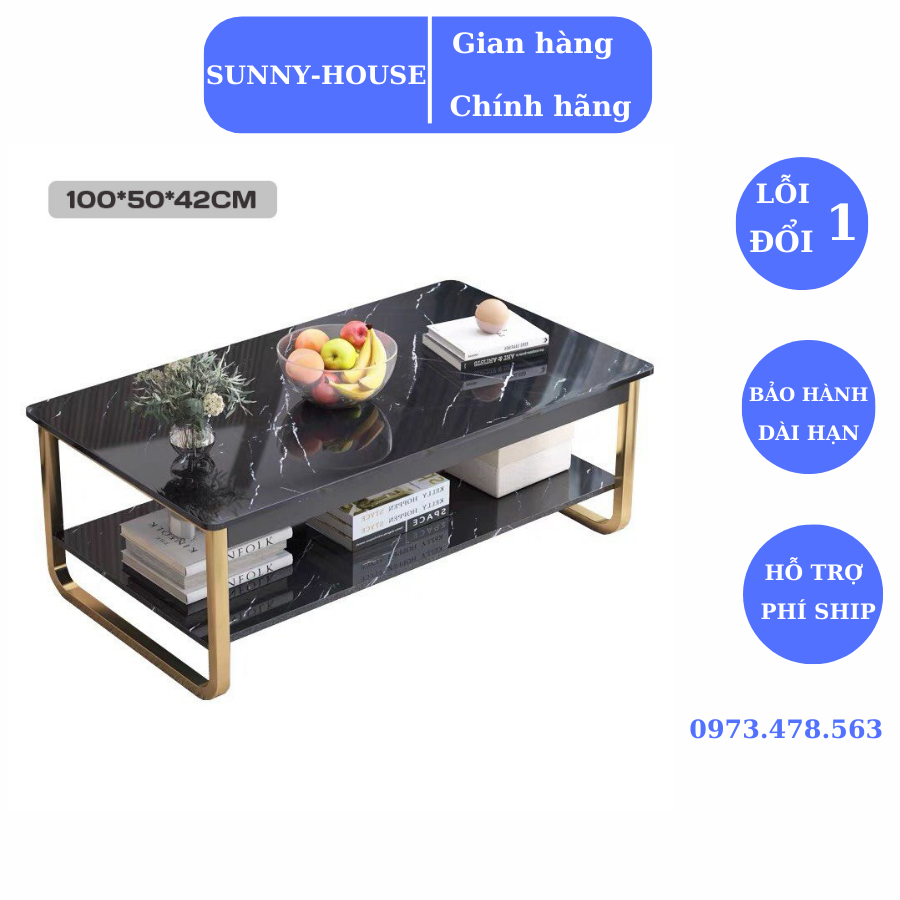 Bàn trà sofa phòng khách mặt gỗ họa tiết vân đá KT:100x50x42,Bàn uống nước 2 tầng khung thép chịu lực | BigBuy360 - bigbuy360.vn