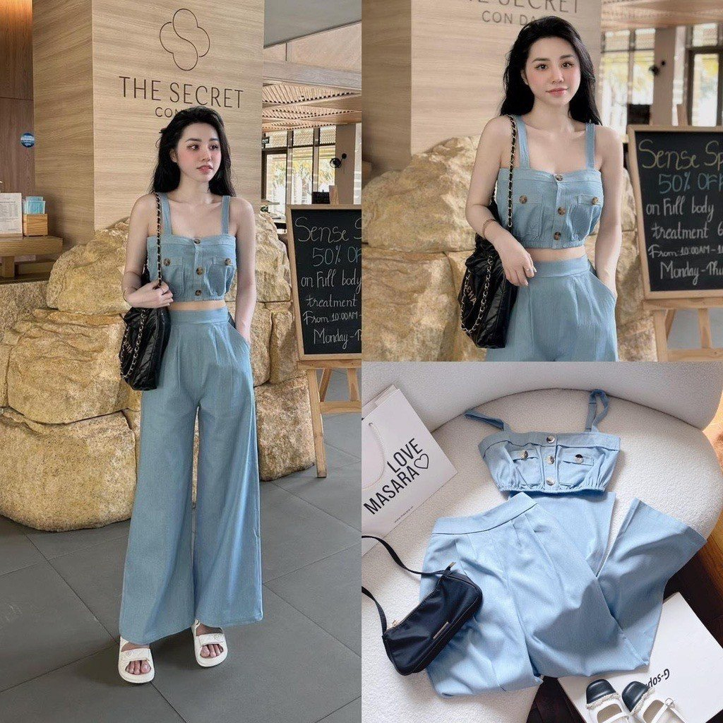 Set Croptop Bò Giấy Áo Hai Dây Mix Quần Suông Ống Rộng Đủ Size S.M