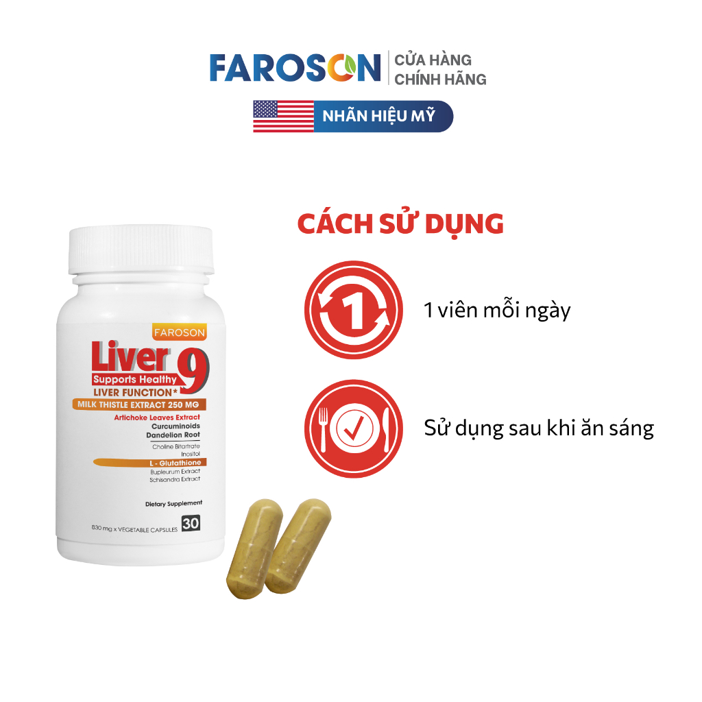 Viên uống bổ gan giải độc gan Faroson Liver 9 - hỗ trợ chức năng gan Chiết xuất atiso, kế sữa, l-glutathione Liver9