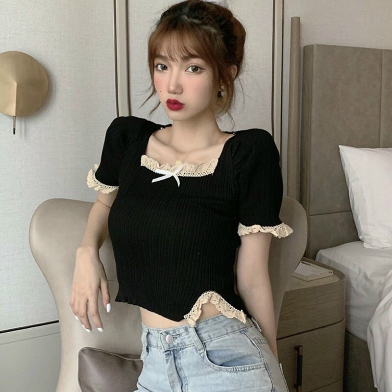 Áo thun croptop kiểu nữ cổ vuông phối ren đính nơ xẻ eo tay ngắn dáng ôm màu trơn dễ thương TV-FASHION