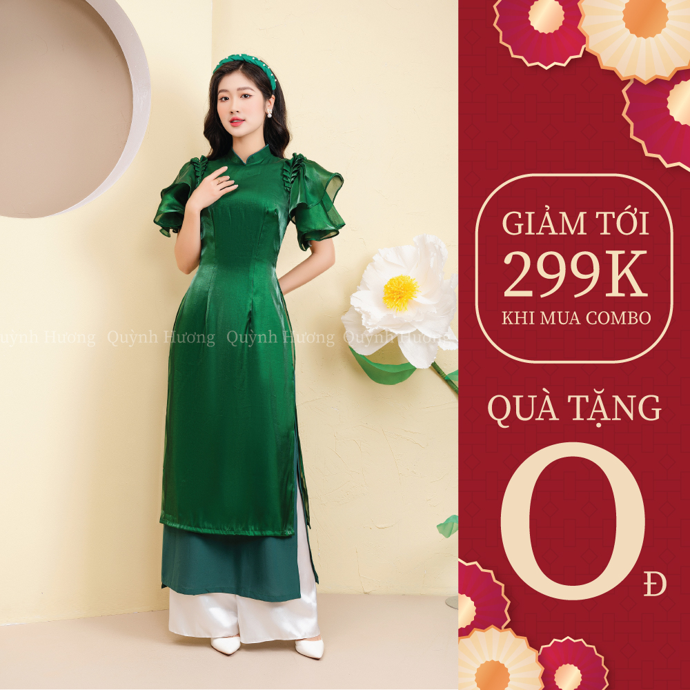 Áo dài cánh tiên tay bồng 4 tà màu xanh rêu tôn da by Quỳnh Hương