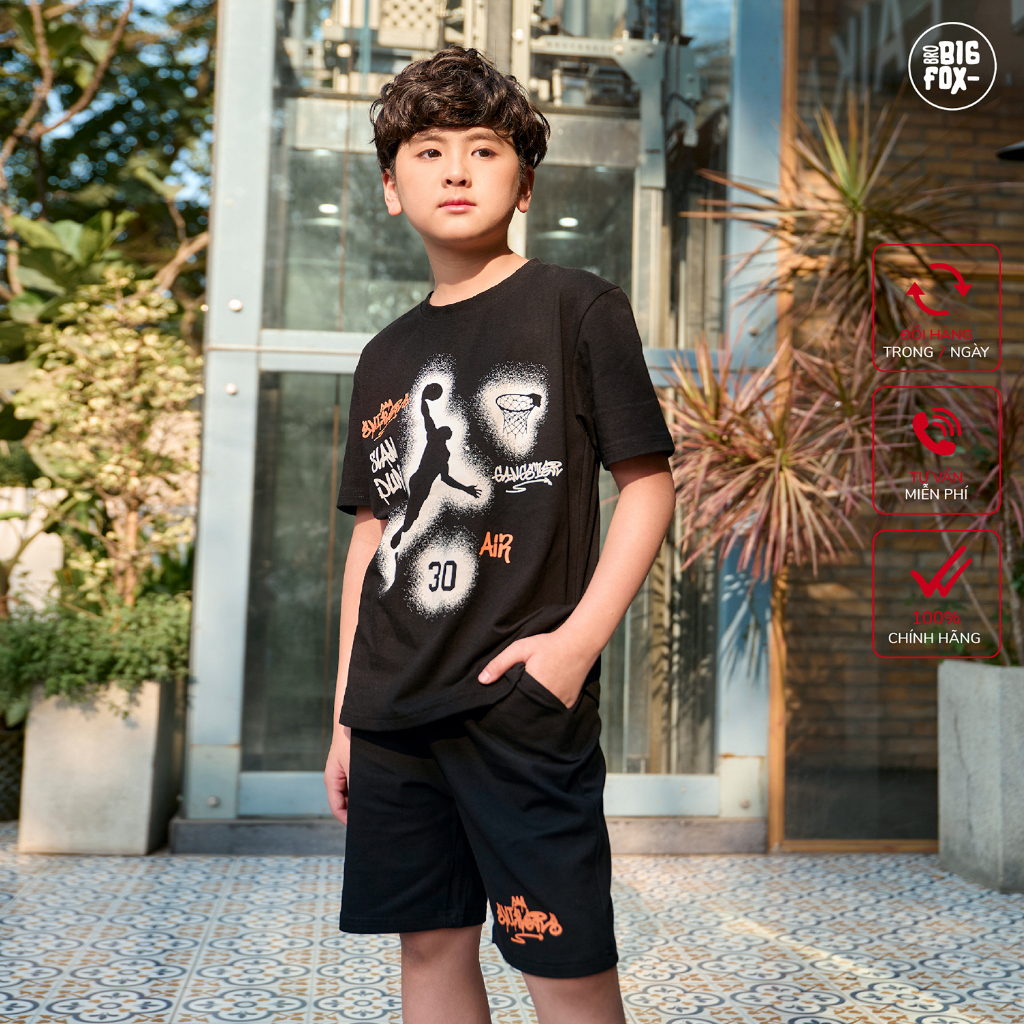 Bộ hè bé trai Bigfox Miss Meow size đại kiểu Hàn chất cotton, bộ cộc tay hình in bóng rổ cỡ 12-15 tuổi, cỡ 40kg,50kg