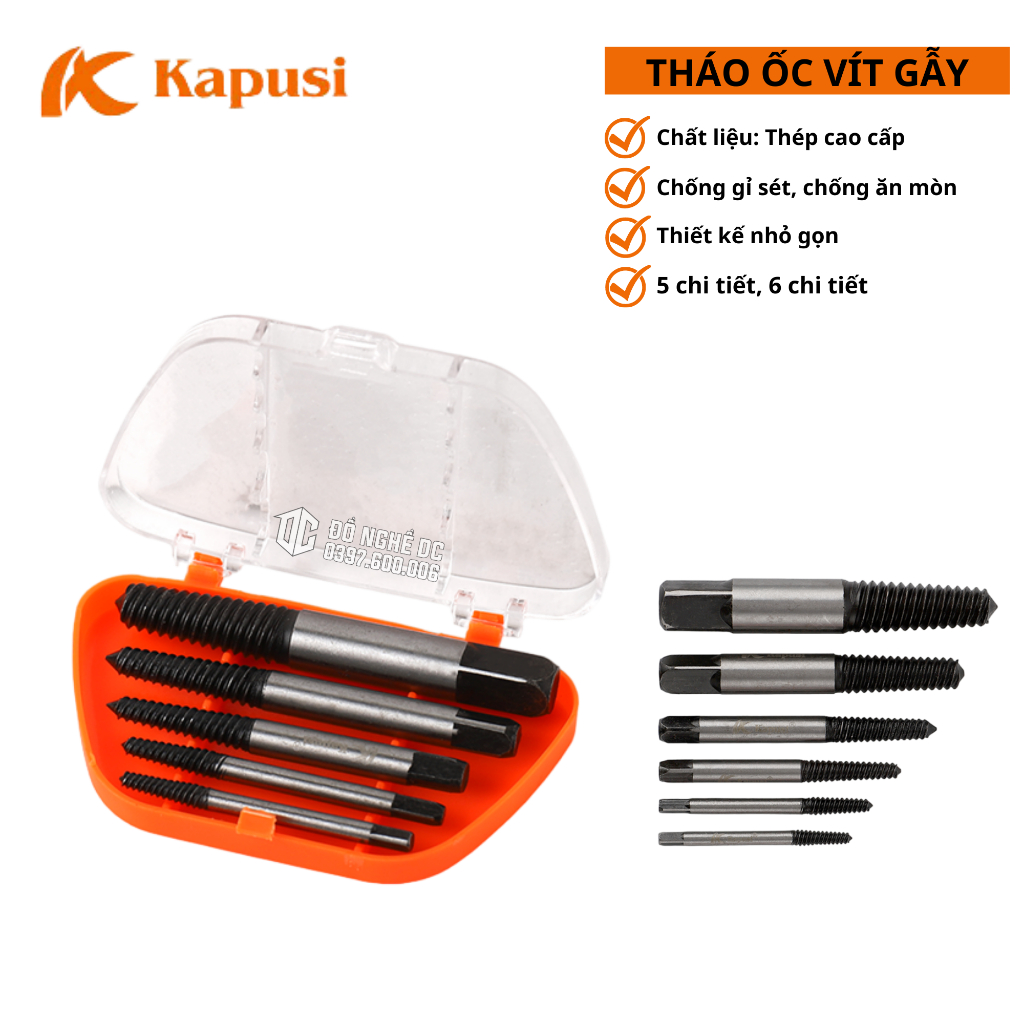 BỘ MŨI REN LẤY BU LÔNG ỐC VÍT/ BỘ THÁO REN GẪY KAPUSI 6 Chi Tiết K-3688 - 5 Chi Tiết K-3687 CHÍNH HÃNG DC TOOLS
