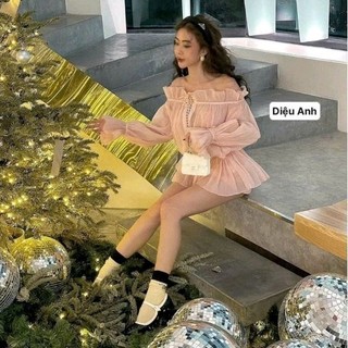 Áo bẹt vai giấu quần phối ren ngực vải tơ QC cao cấp