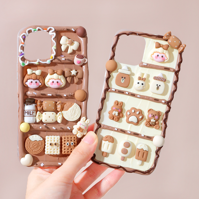 SALE Bộ sticker tự trang trí ốp điện thoại Màu cà phê thỏ gấu kem + keo dán