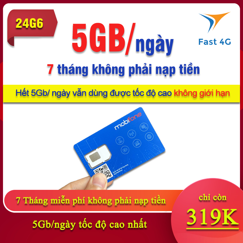 Sim 4G Mobifone 24G12 5GB/Ngày 150GB/tháng - Trọn Gói 14 tháng Không Cần Nạp Tiền