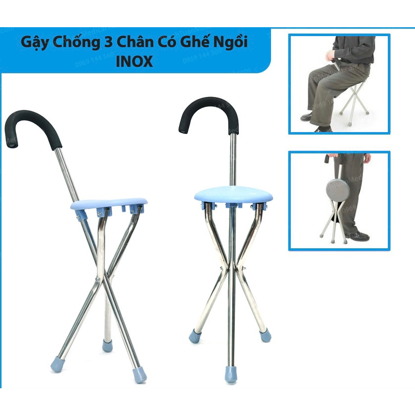 Gậy tập đi cho người già có ghế ngồi ( loại 1) - chống 3 chân inox có ghế ngồi hoạt động như một chiếc gậy hỗ trợ đ