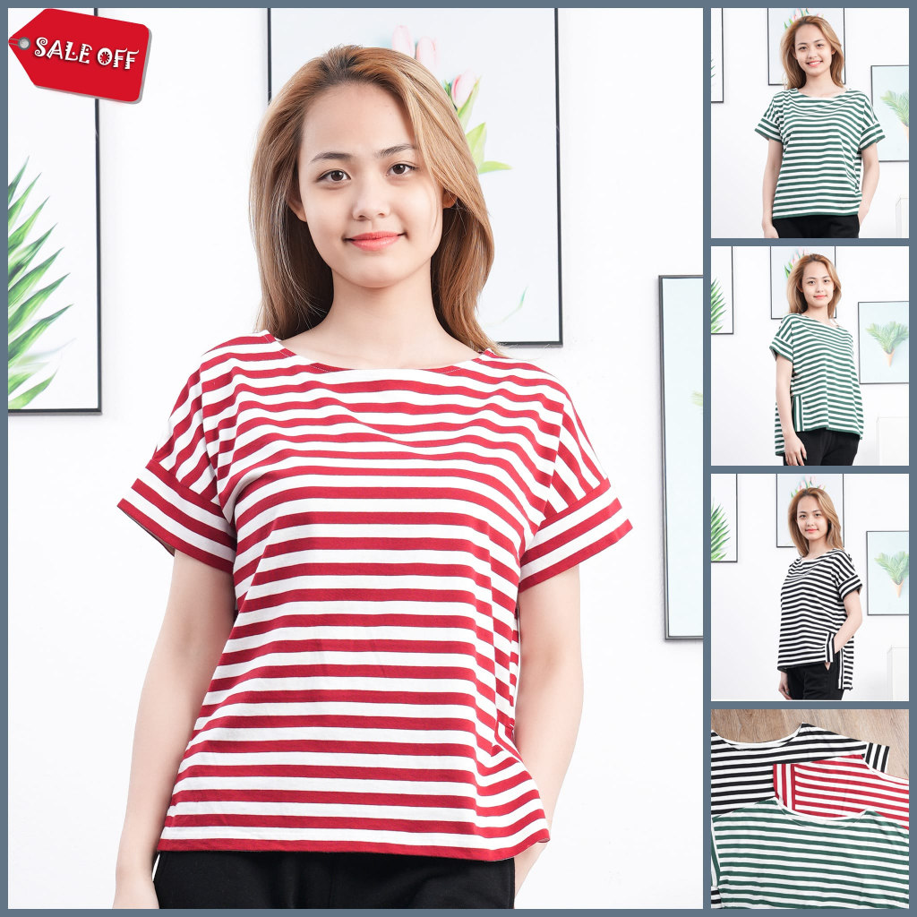 Áo thun nữ kẻ xẻ tà xuất Nhật, áo phông nữ cổ thuyền chất cotton, bà bầu mặc vẫn xinh