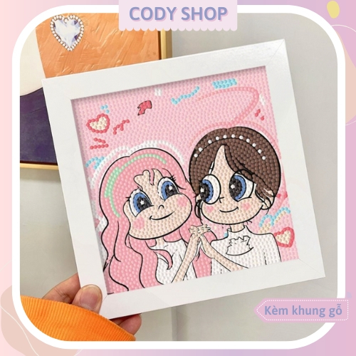 Bộ tranh đính đá hình cặp đôi đáng yêu 5D kèm khung tranh (tặng sticker dán khung)