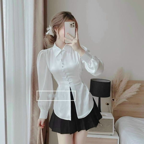 SET ÁO PHI MỜ VÀ VÁY KATE LỤA MÀU ĐEN HAKA MAY V23 - HAKA MÂY