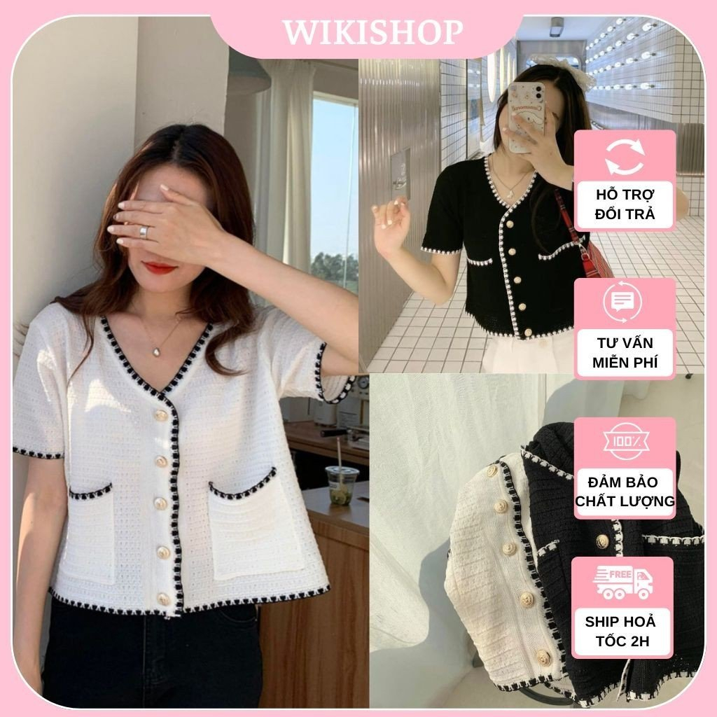Áo len cộc tay nữ cổ v cài khuy cúc đồng viền 2 túi freesize đen trắng dáng lửng basic hàn quốc Wikishop C1447