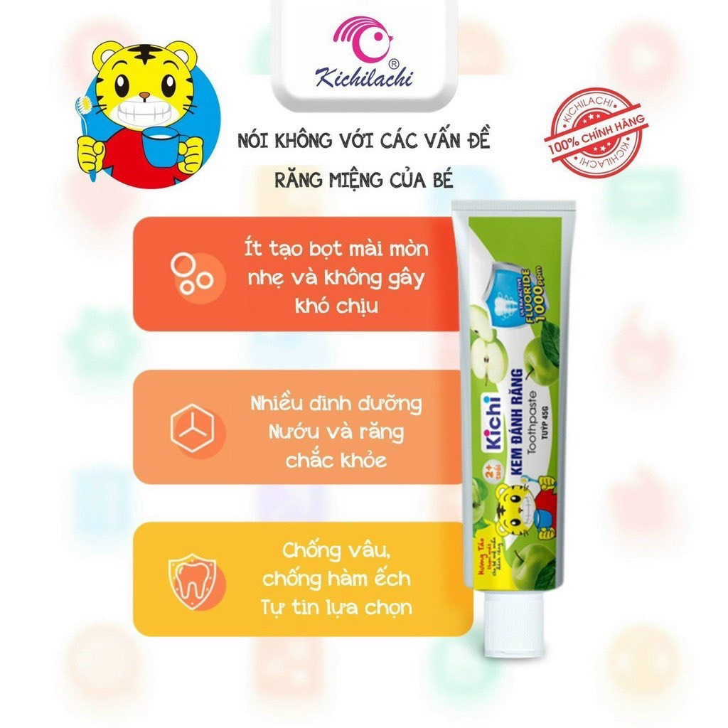 Kem Đánh Răng Kichilachi Cho Bé Từ 2 Tuổi Nuốt Được, Bảo Vệ Răng Nướu Toàn Diện, Tuýp 45gr