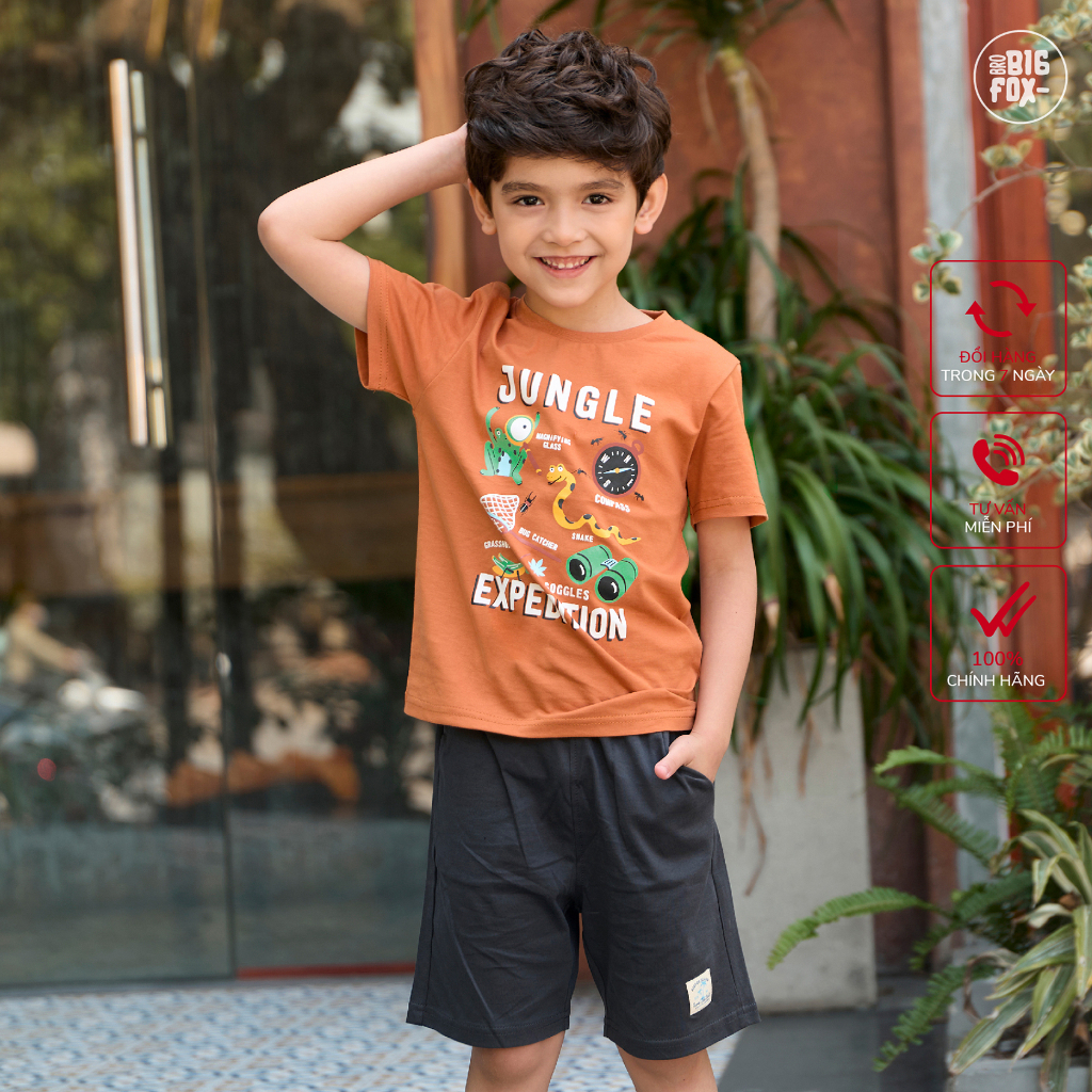 Bộ đồ bé trai mùa hè size đại Bigfox Miss Meow, phom Hàn dáng cộc tay vải cotton in Jungle cỡ 3,6,9,10,11 tuổi tới 30kg