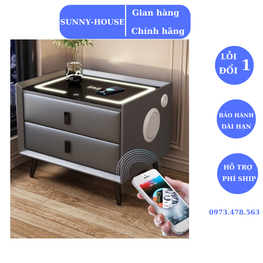 Tap đầu giường,Tủ đầu giường thông minh 2 ngăn có khóa vân tay đèn Led,sạc không dây,cổng USB và loa Bluetooth .