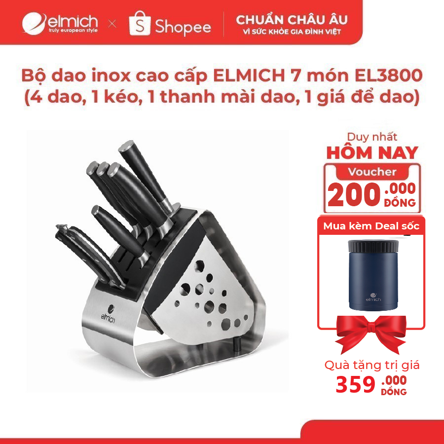 Bộ dao inox cao cấp ELMICH 7 món (4 dao, 1 kéo, 1 thanh mài dao, 1 giá để dao) EL3800