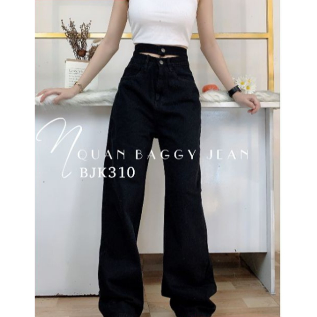 Quần baggy jean nữ JohnsonLi cao cấp, lưng cao,màu đen cắt gối, ống rộng 21cm