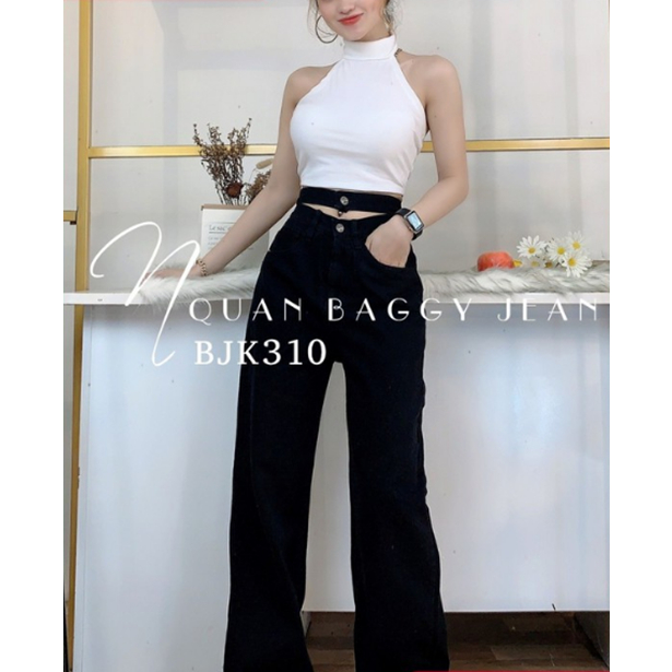 Quần baggy jean nữ JohnsonLi cao cấp, lưng cao,màu đen cắt gối, ống rộng 21cm