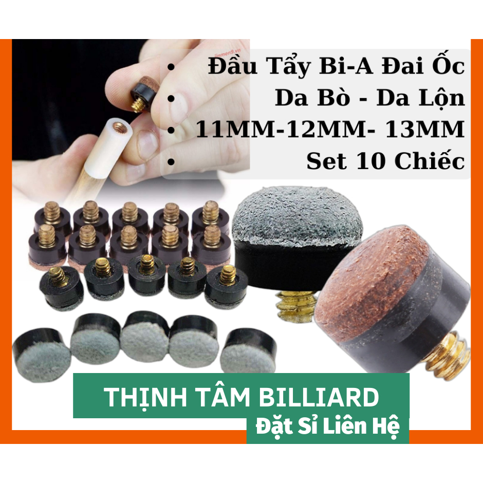 [THỊNH TÂM] Set 10 Đầu Cơ - Đầu Tẩy Bida Đai Ốc Da Bò Dành cho CLB Bi-A 11mm 12mm 13mm [ 10 ĐẦU CƠ ĐAI ỐC ]