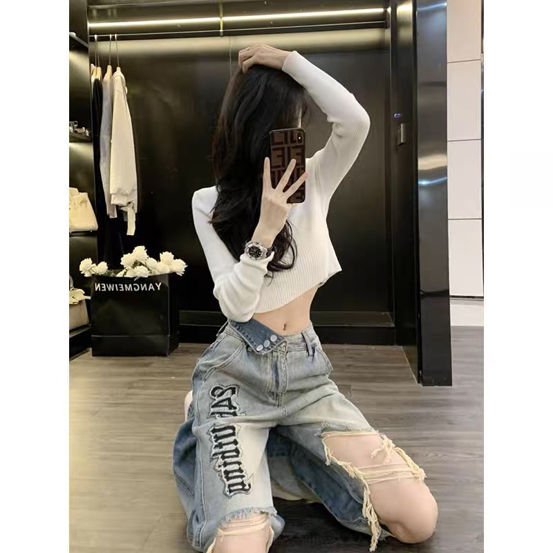 Quần jean nữ rách to bản thời thượng dạo phố 2023 mùa hè mới cạp cao dáng rộng hot girl bản hẹp quần ống rộng