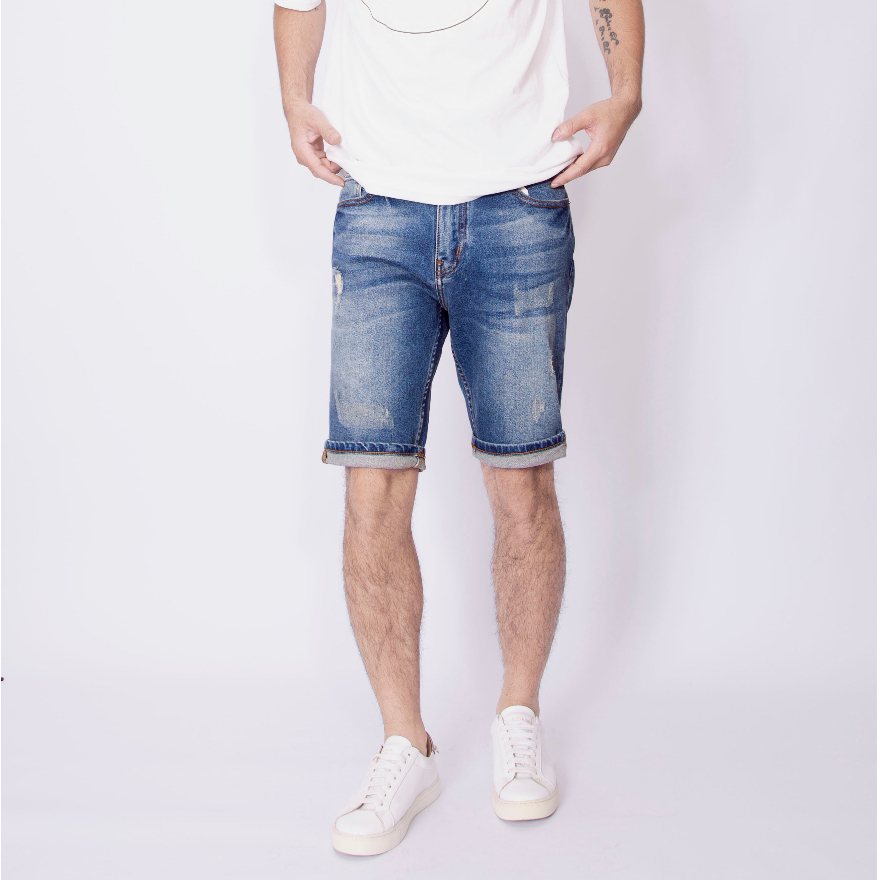 Quần short jean nam LAB+ COTTONLAB quần ngố nam xanh đậm rách cao cấp mã - 2253