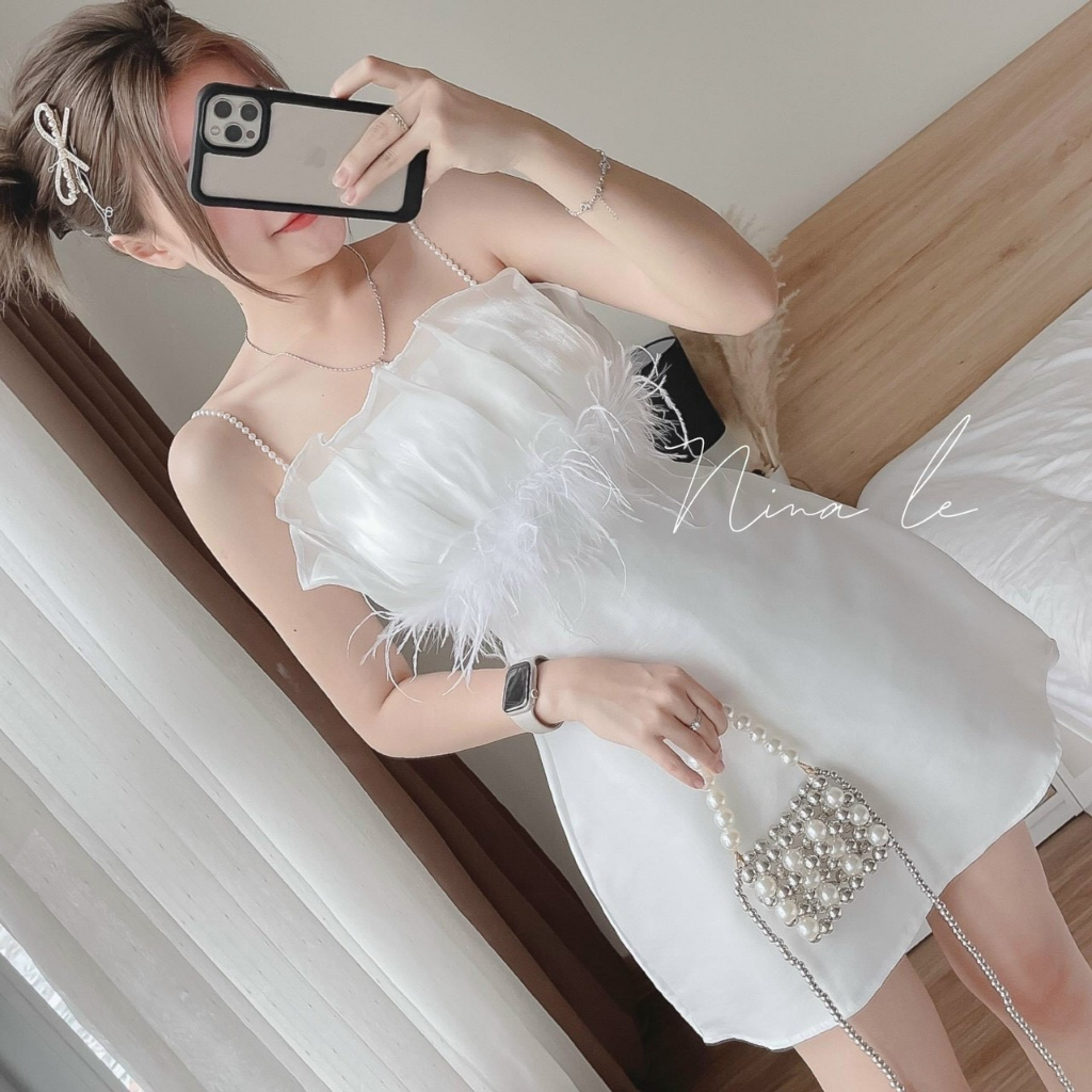 Đầm hai dây cườm phối lông cúp ngực cực sang chảnh sexy cho nữ đi chơi dự tiệc phong cách tiểu thư