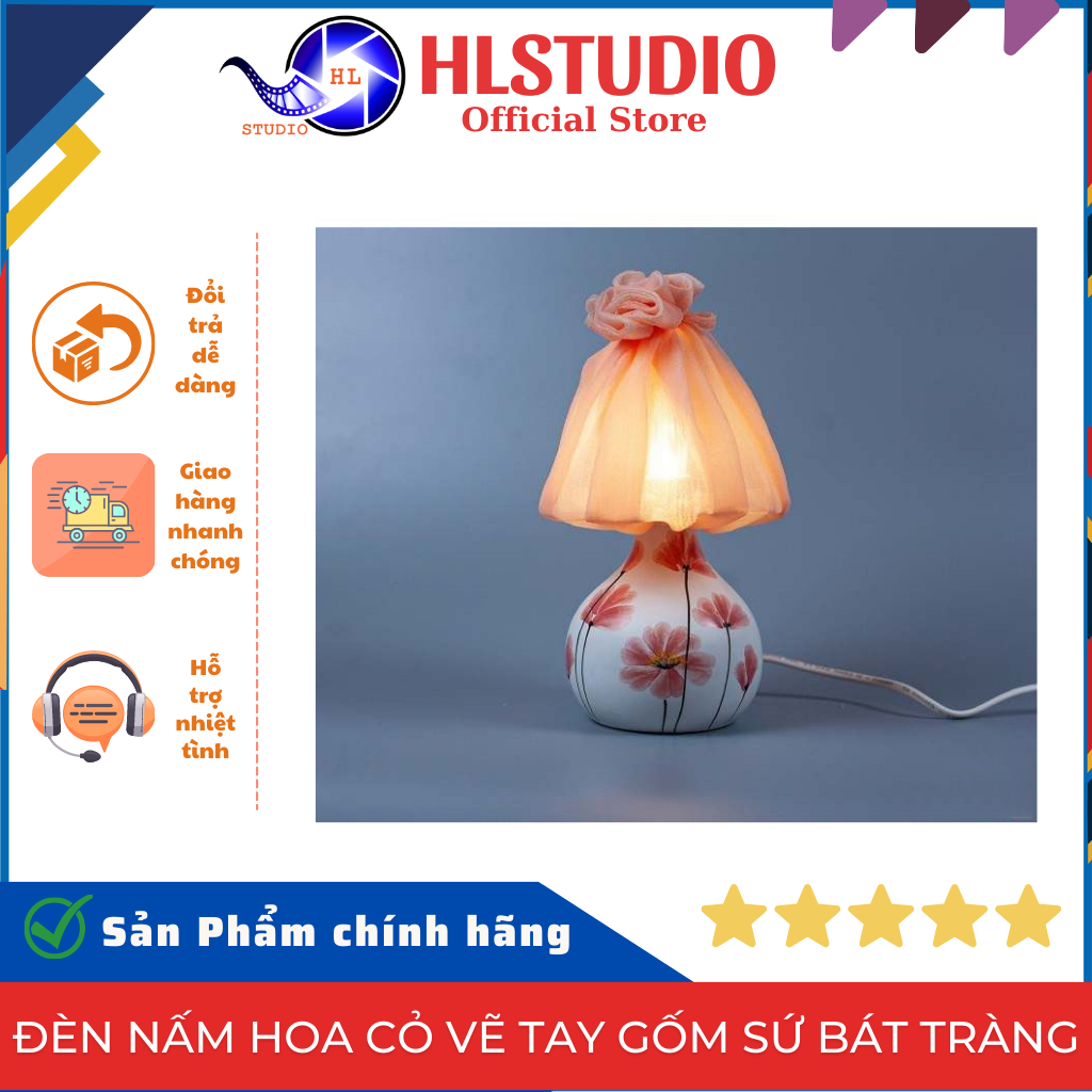 Đèn nấm hoa cỏ vẽ tay Gốm Sứ Bát Tràng trang trí nội thất, đèn để bàn phòng ngủ HL Lighting