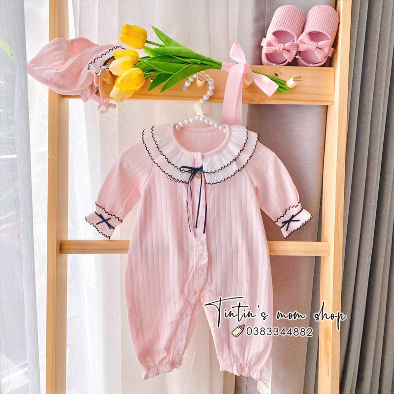 Sét body tiểu thư cao cấp đầy tháng/ thôi nôi MOMOIDEA cổ bèo xanh kèm mũ cho bé gái