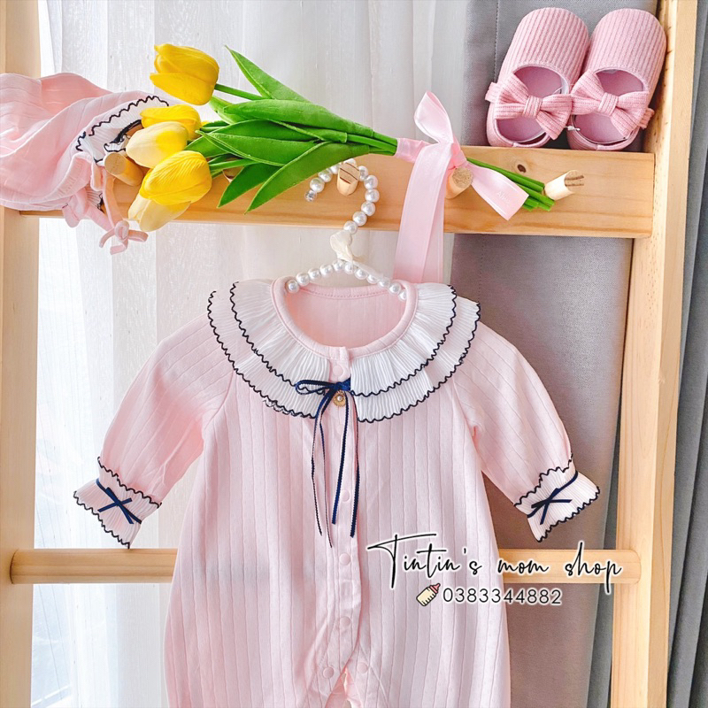 Sét body tiểu thư cao cấp đầy tháng/ thôi nôi MOMOIDEA cổ bèo xanh kèm mũ cho bé gái