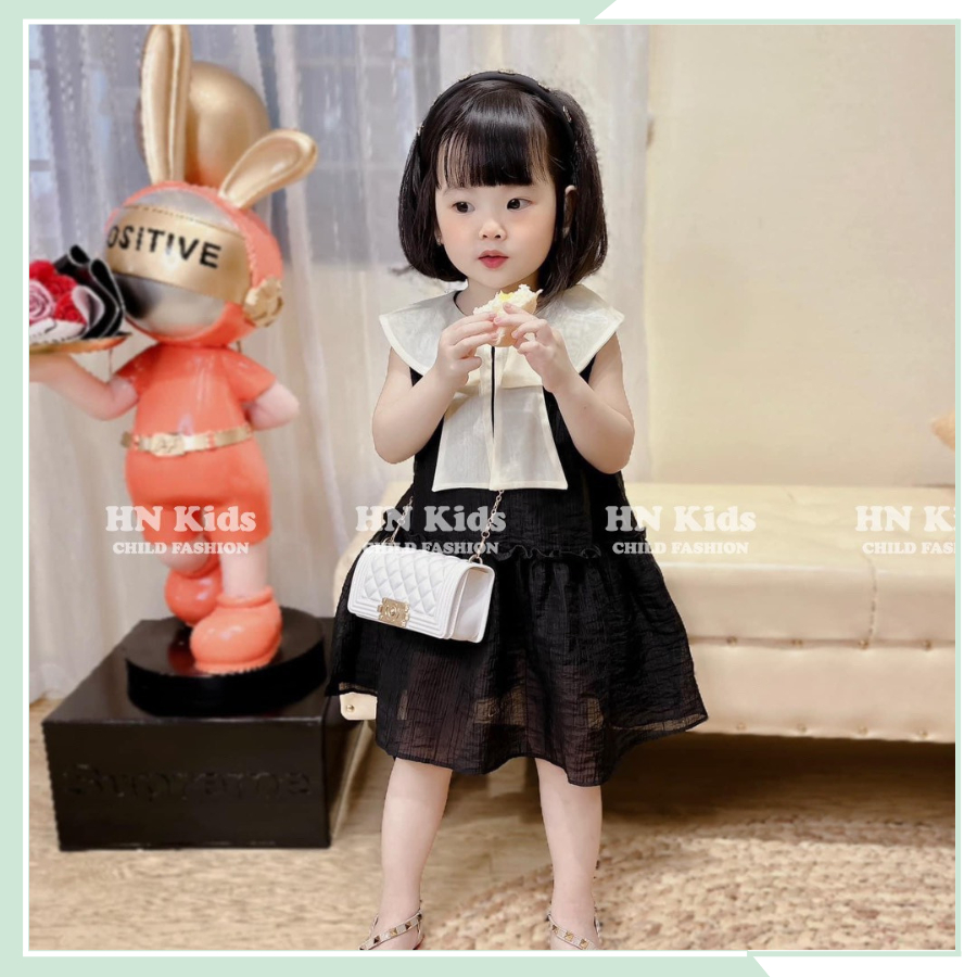 Váy cho bé mùa hè, đầm tơ đũi phối nơ cổ trắng VBG54