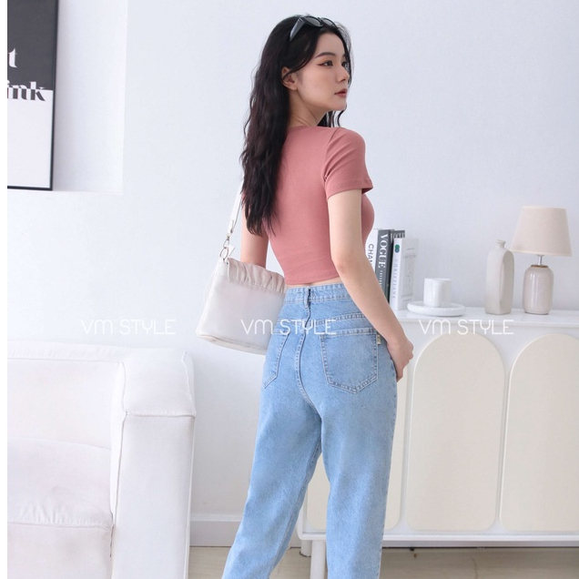 Quần jean baggy nữ VMSTYLE trơn cạp cao lai tua basic - QJB00003