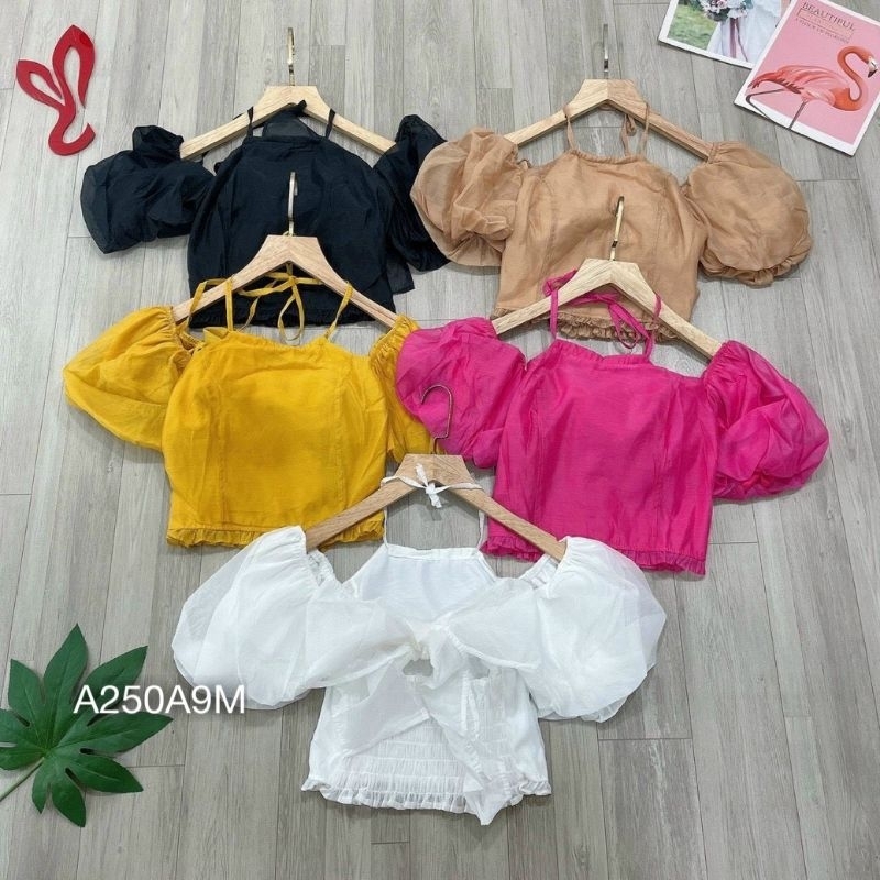 Áo Sơ Mi Nữ Cổ Yếm ,Áo Croptop Hở Vai Tay Phồng Nơ Lưng Có Chun Sau ,Vải Tơ Thô Thoáng Mát