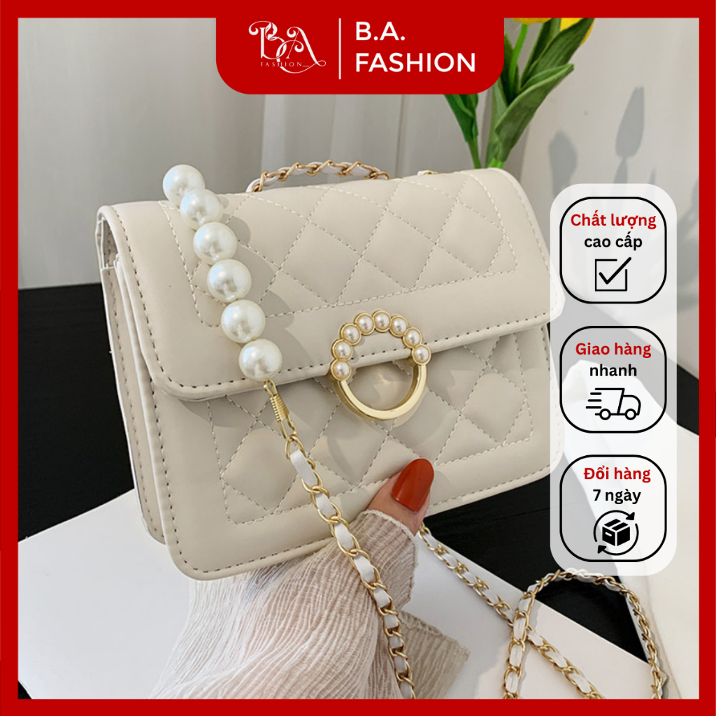Túi xách nữ đeo vai chéo da PU cao cấp vân nổi dây đeo đính ngọc trai nhân tạo thời trang, xinh xắn BAFASHION | BA01