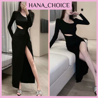 Đầm Body Dáng Dài Khoét Eo Xẻ Tà Cổ Lệch  Freesize Váy Body Tay Dài Xẻ Tà Phong Cách Hàn Quốc Mặc Đi Tiệc Đi Chơi-HND09