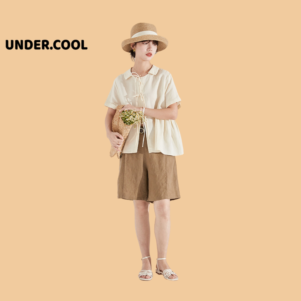 Áo babydoll dáng dài chất đũi buộc dây UNDERCOOL trắng, be, phong cách vintages Hàn Quốc