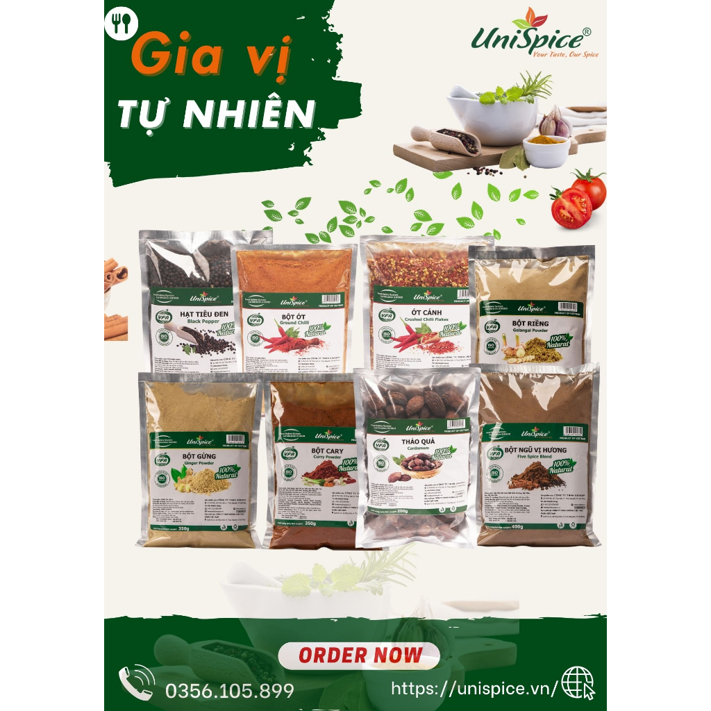 Gia vị tự nhiên ( nguyên chất) Unispice ( tỏi, sả, gừng, nghệ, ớt, hành...) phân loại đóng gói 300g - 500g