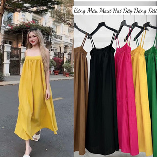 Đầm Maxi Hai Dây Dáng Dài, Đầm Suông Đũi Gân Ly Đi Biển Có Sẵn Lekemqc