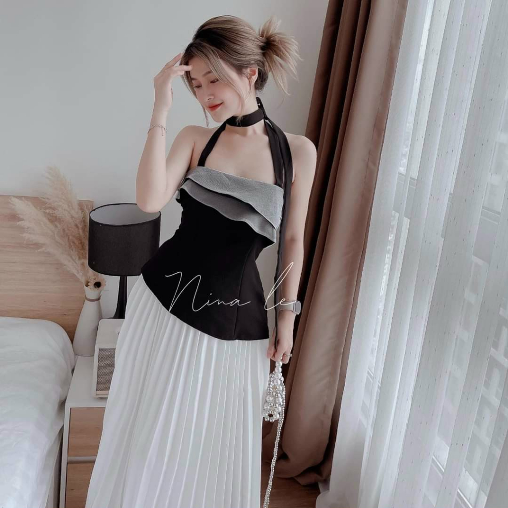 Set đầm áo cúp ngực phối viền tầng kèm chân váy xếp ly cực dễ thương phong cách tiểu thư sang chảnh thanh lịch
