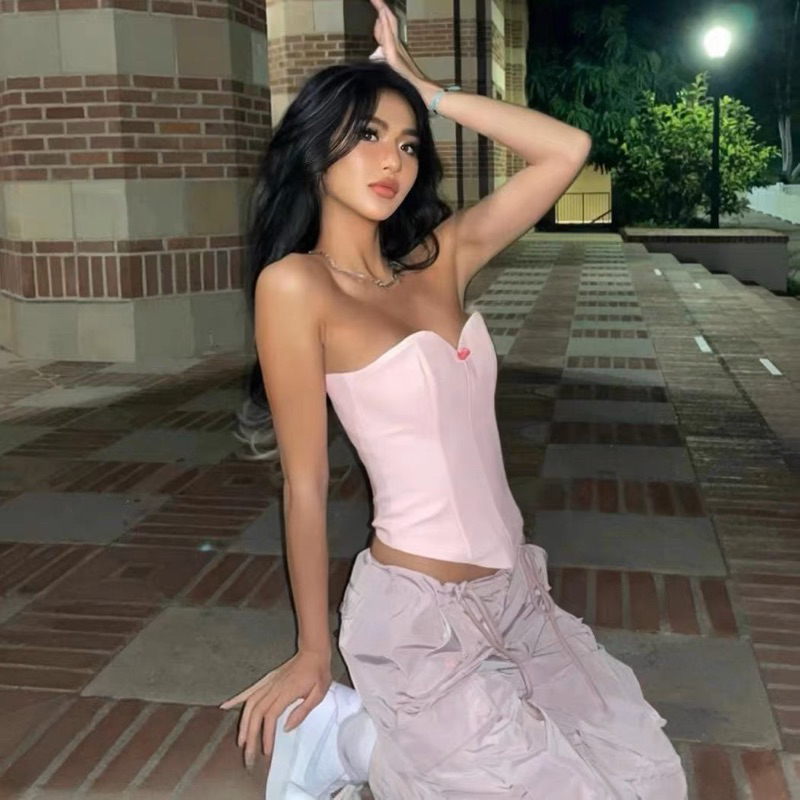 TKLIHN Set áo quây Da corset ULZZANG SEXY + Quần PINK ống rộng cá tính HIPHOP phong cách FASHIONITA 2023