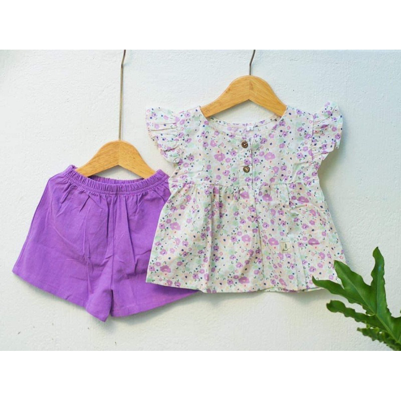 Set đồ cho bé gái cánh tiên phối hoa thiết kế đơn giản chất liệu linen cotton cho bé