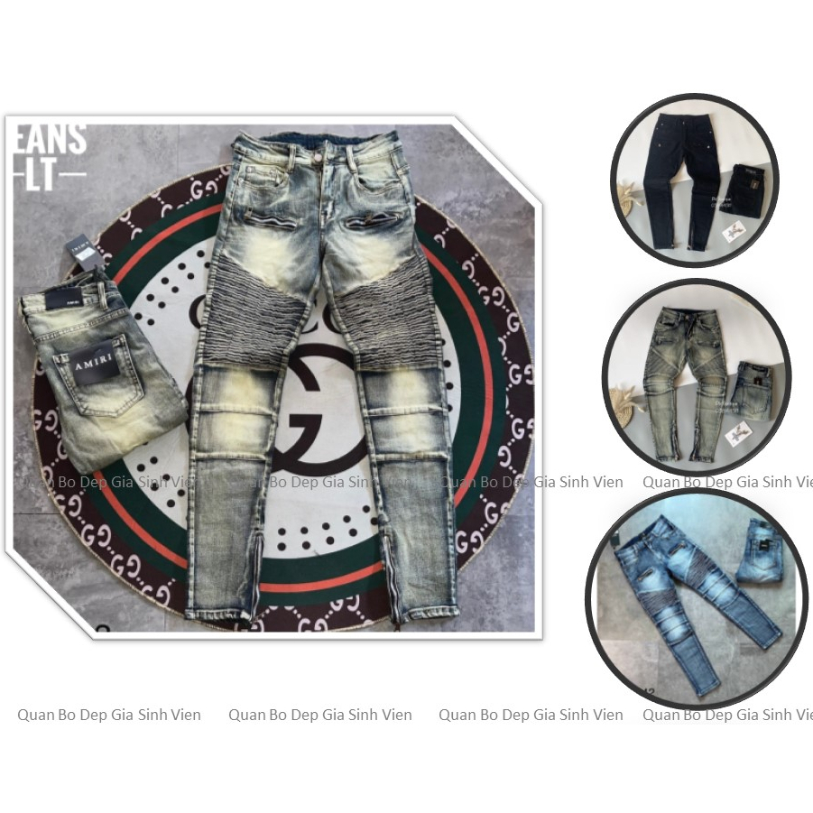 Quần Jean BATMAN Xanh Bụi Phối Đùi Vải Nhăn Khoá Zip Quần Bò Nam Đùi Nhăn Phối Khóa Ngang