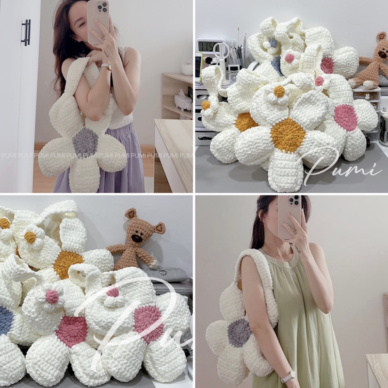 Túi len hình bông hoa chất nhung mềm 3 màu hồng, xám xanh, vàng Pumi 14148