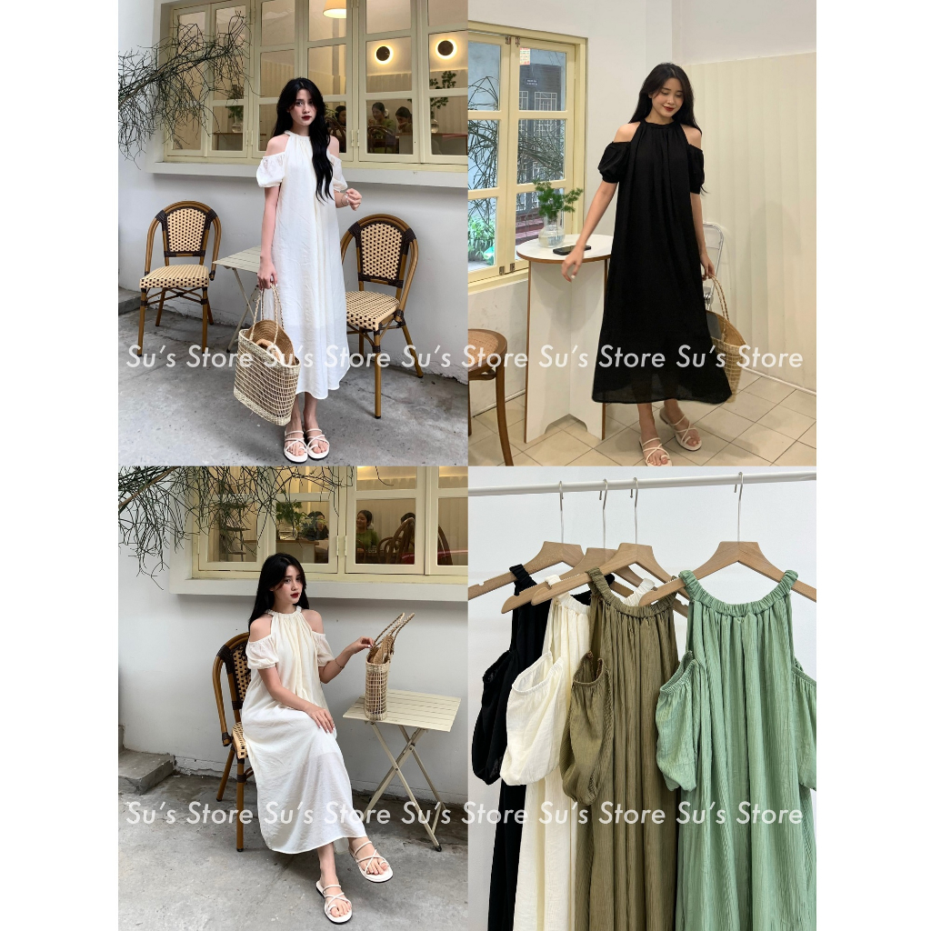 Váy suông nhăn dáng dài cổ chun khoét vai V775 SUSTORE