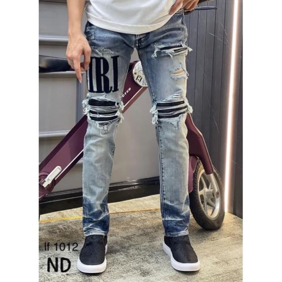 Quần Jean Nam Amiri Super Xanh Khói Gối Vá Da Quần Bò nam Slimfit Wash xanh mài bạc rách xước Amiri | BigBuy360 - bigbuy360.vn