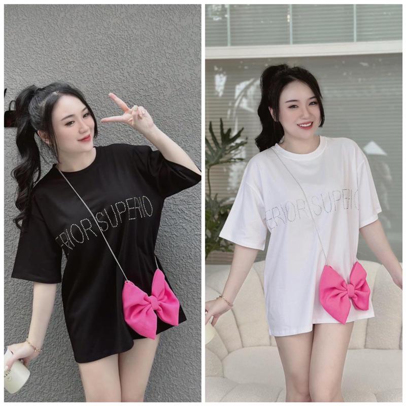 Áo thun đính đá in chữ ngực tay ngắn form rộng