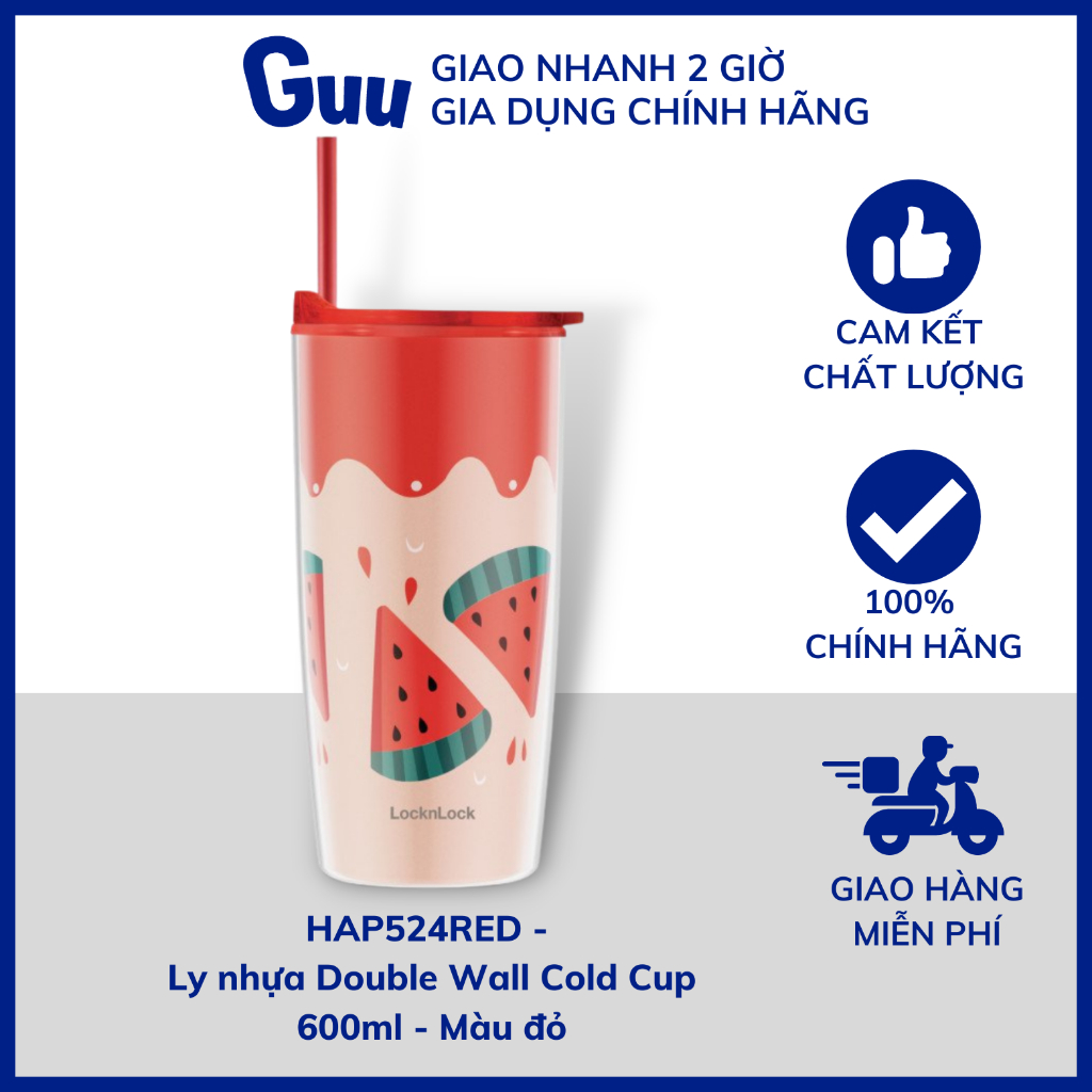 Ly nhựa 2 lớp LocknLock kèm ống hút Double Wall Cold Cup 600ml - Màu đỏ (HAP524RED)