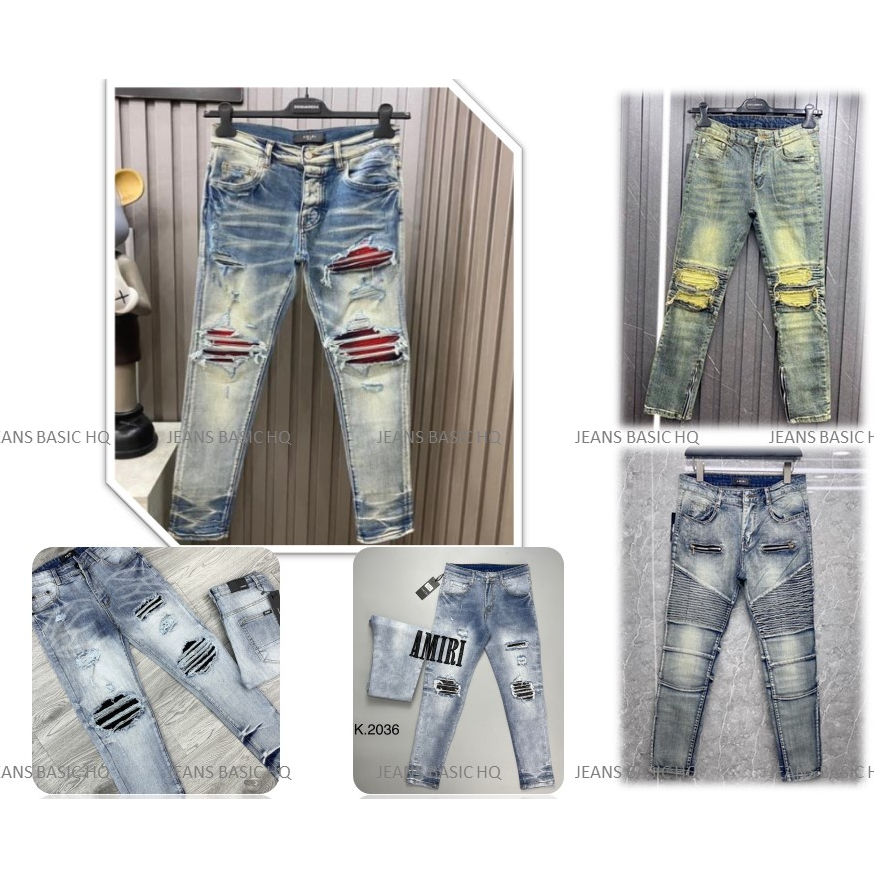 Quần JEAN Nam AMIRI Xanh Khói Mài Bạc Gối Đỏ Quần Bò Slimfit Wash xanh khói rách xước Amiri ống côn bó | BigBuy360 - bigbuy360.vn