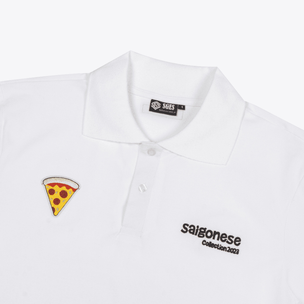 Áo Polo Unisex SAIGONESE Thêu Pizza Form Rộng Nam Nữ / Trắng